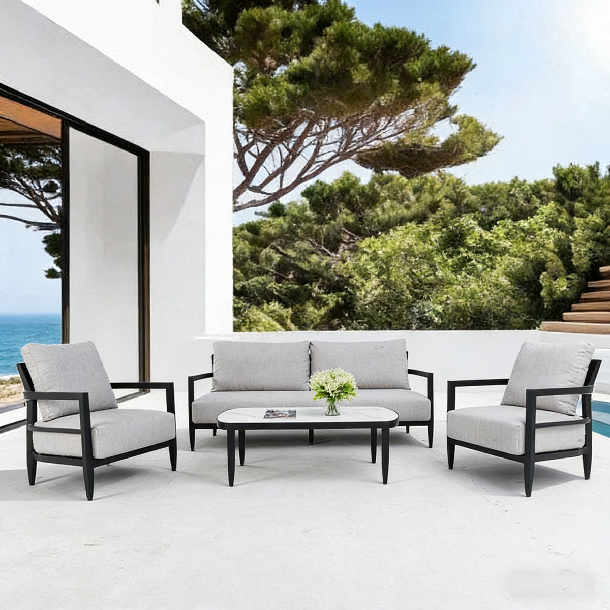 4PC Outdoor Conversation Set with Modern Club Chairs