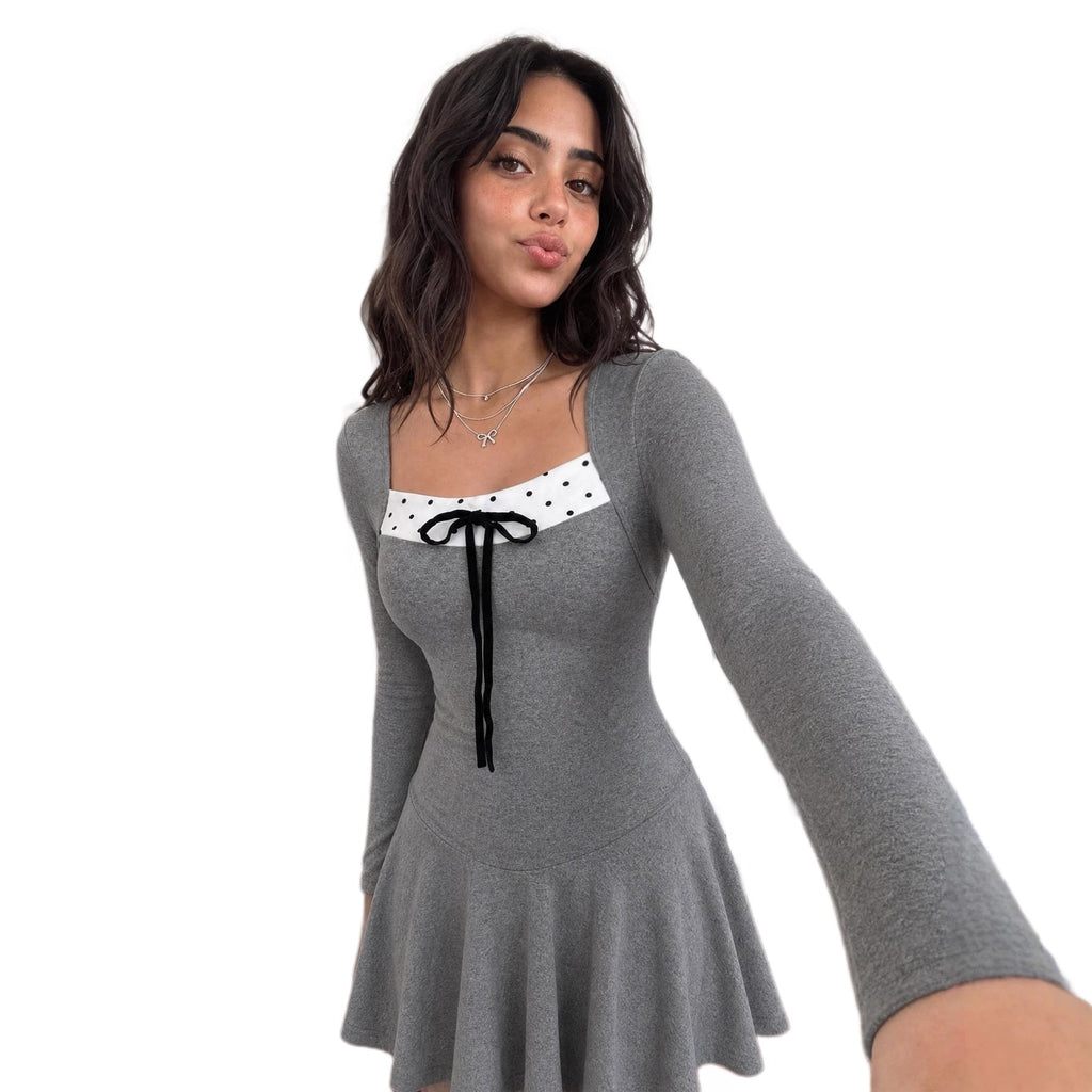 New Arrival Square-neck Long-sleeve Polka-dot Dress That Flatters