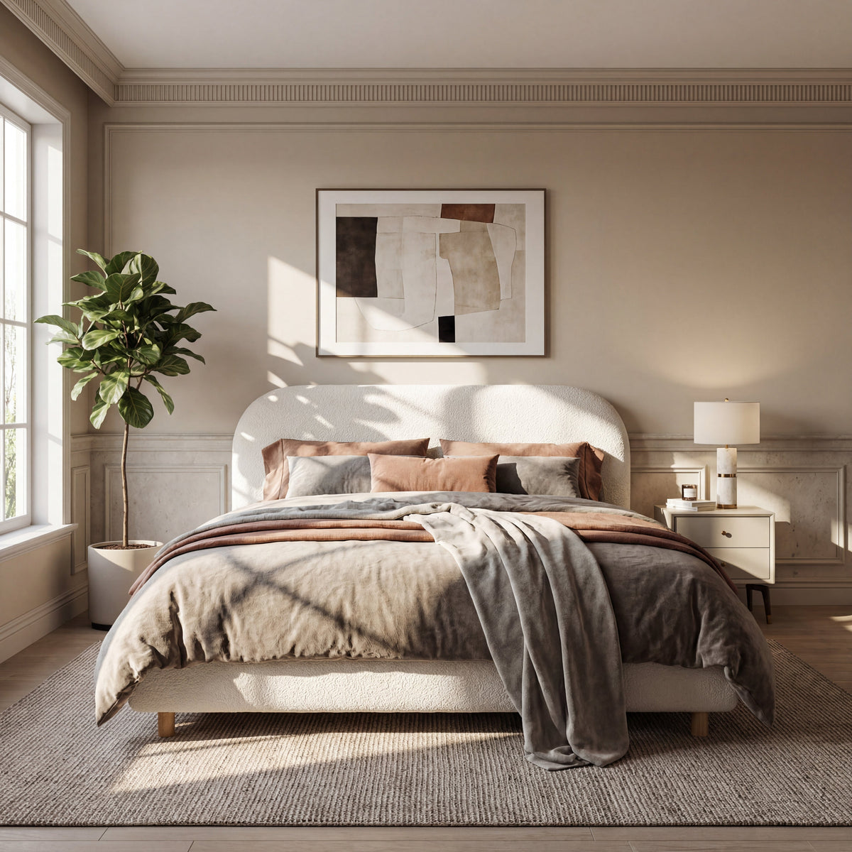 Queen Size Upholstered Bed With Boucle Fabric