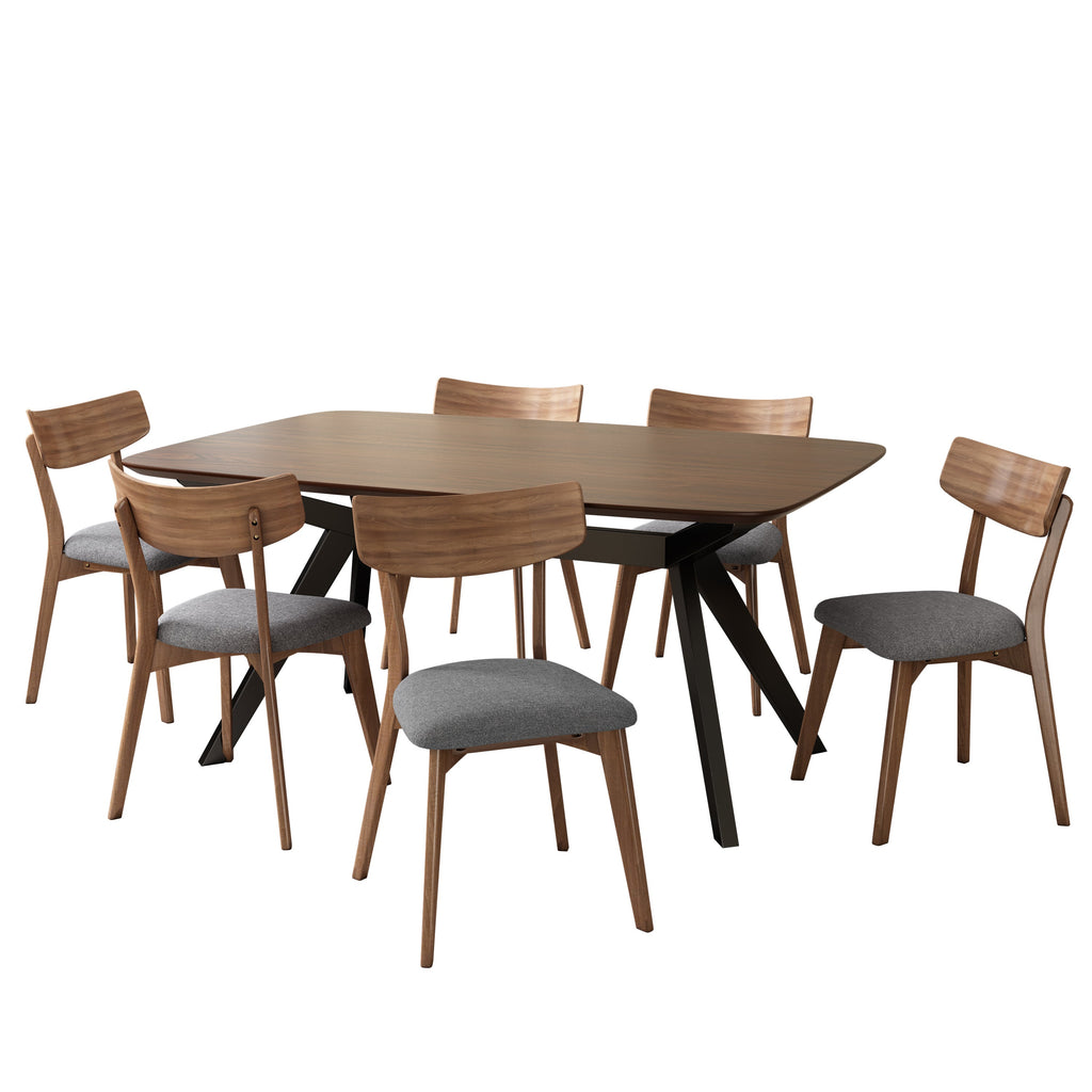 7-Pieces Upholstered Dining Set With Rubberwood Frame, Grey + Walnut + Black