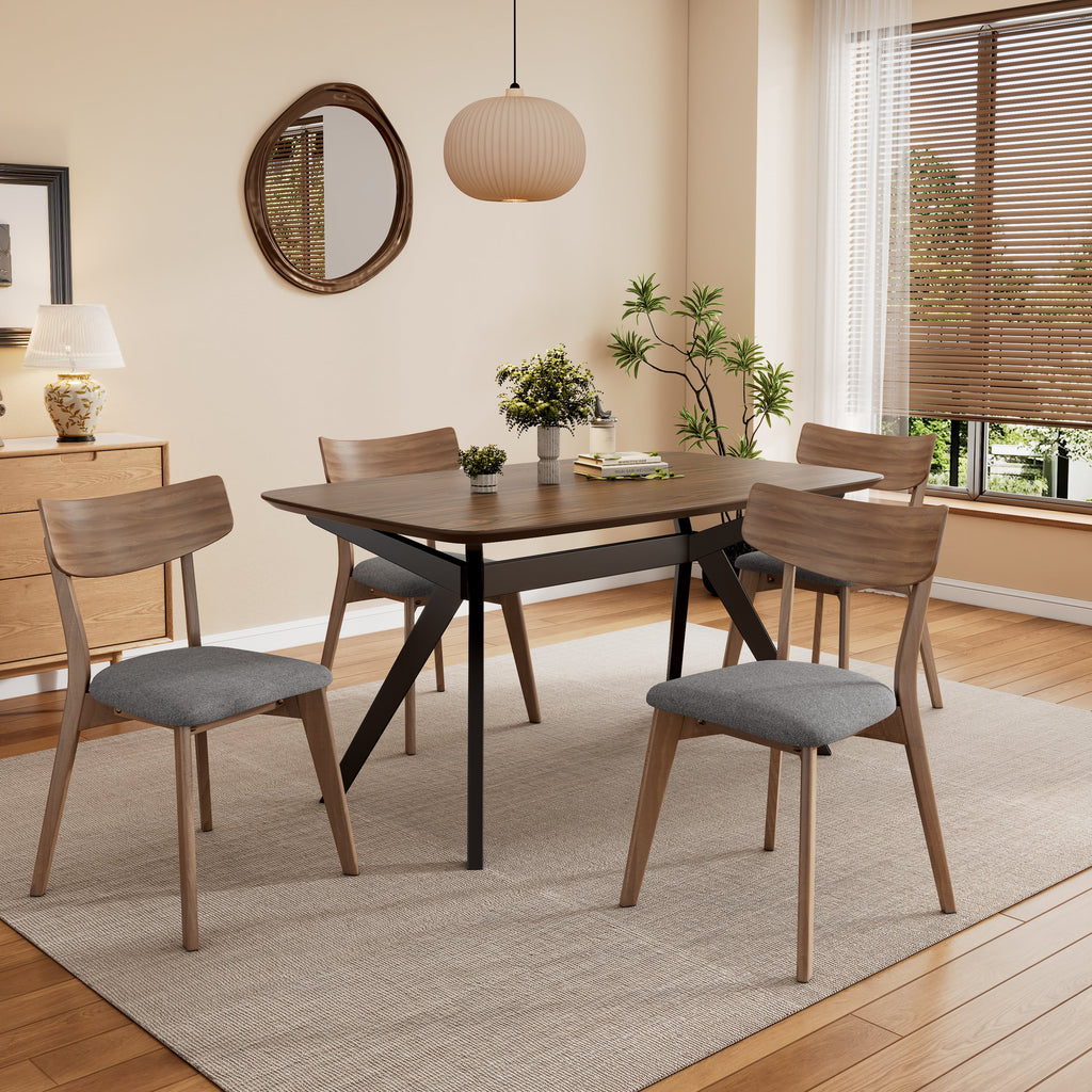5-Piece Upholstered Dining Set With Rubberwood Frame, Grey+Walnut+Black