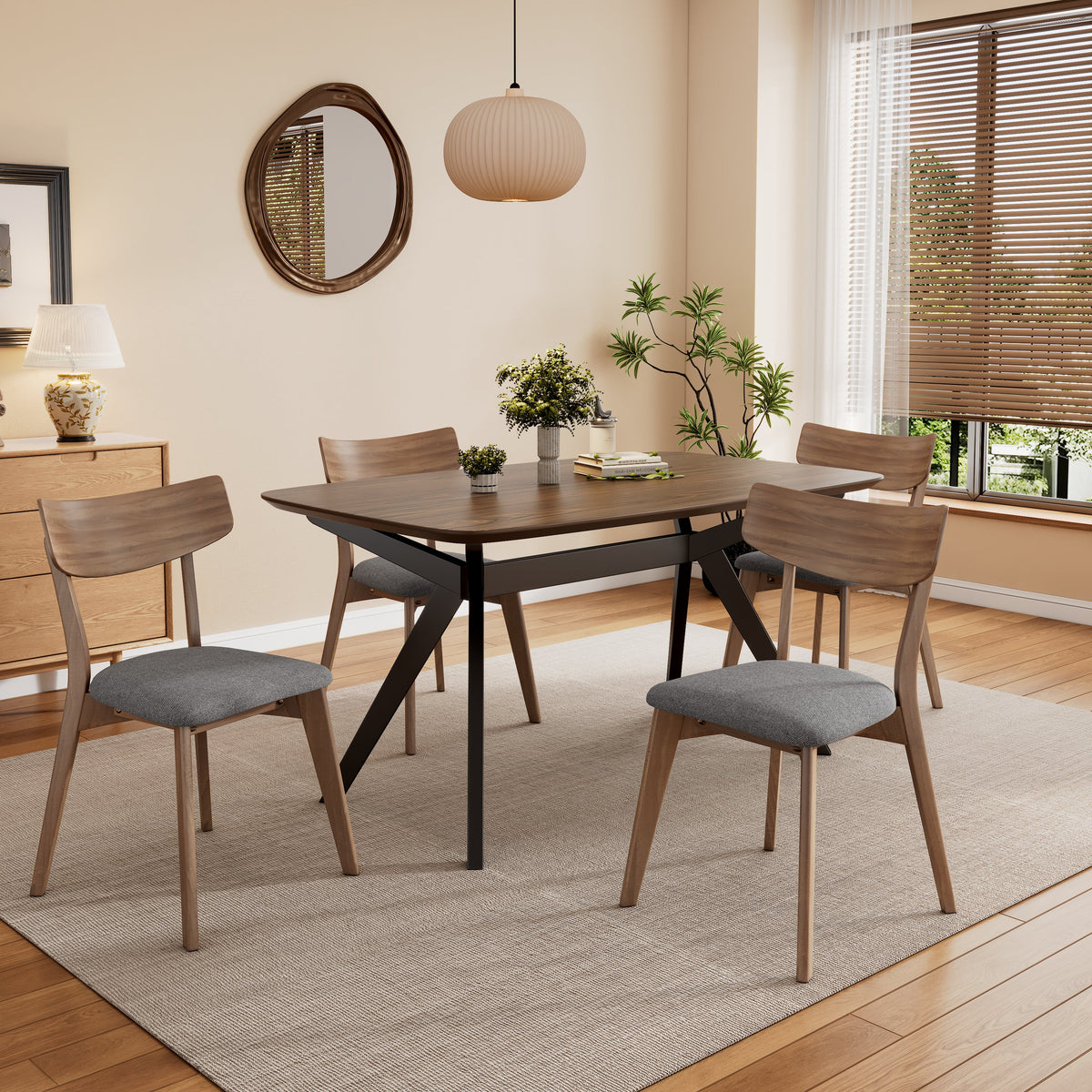 5-Piece Upholstered Dining Set With Rubberwood Frame, Grey+Walnut+Black