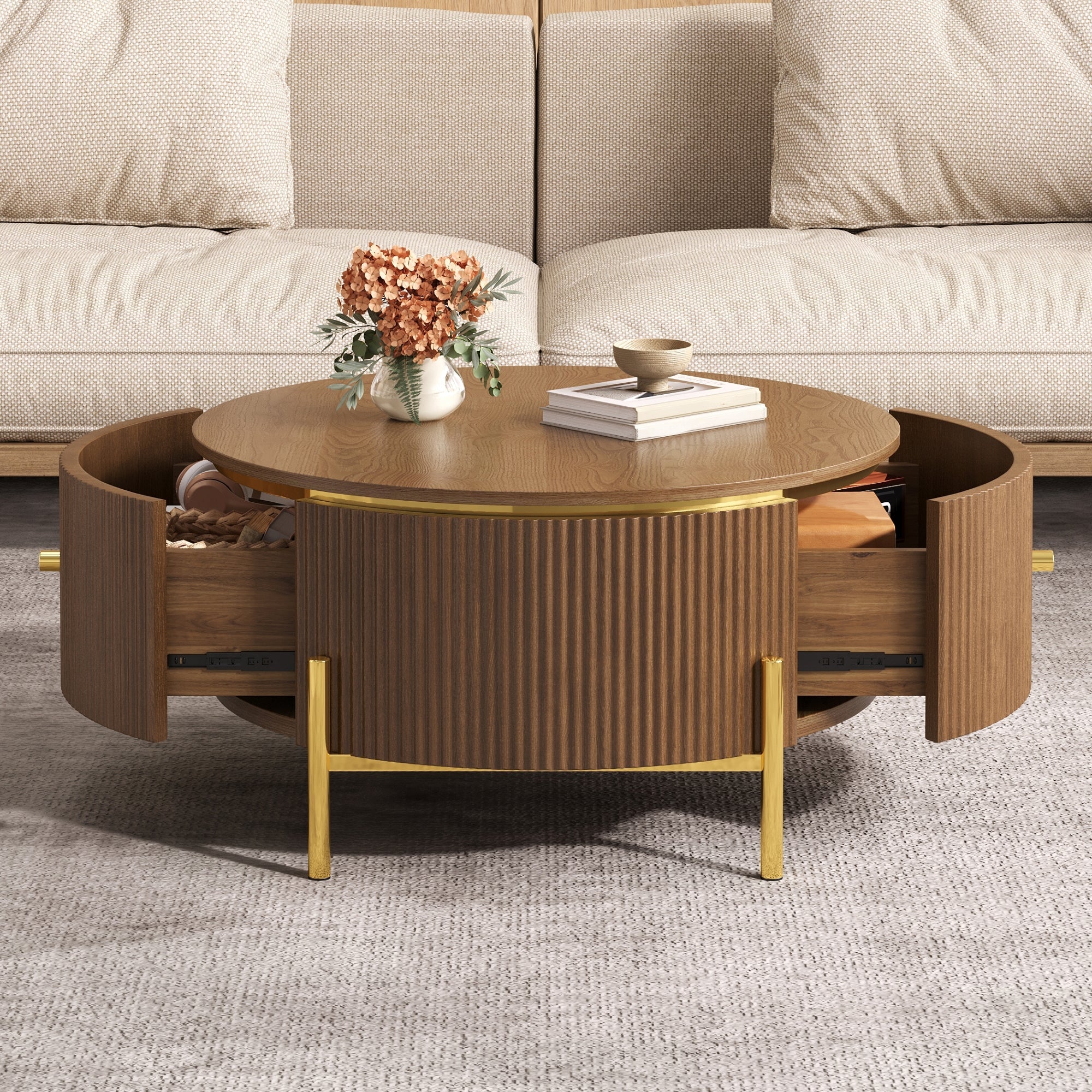 Modern Round Coffee Table with 2 Large Drawers