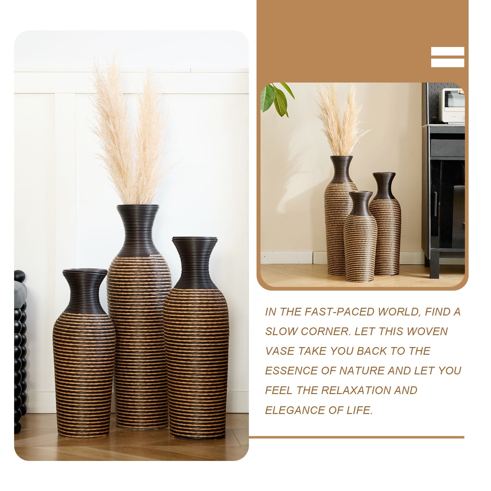 Hand-Woven PVC Rattan Vases, Set of 3 Decorative Floor Vases