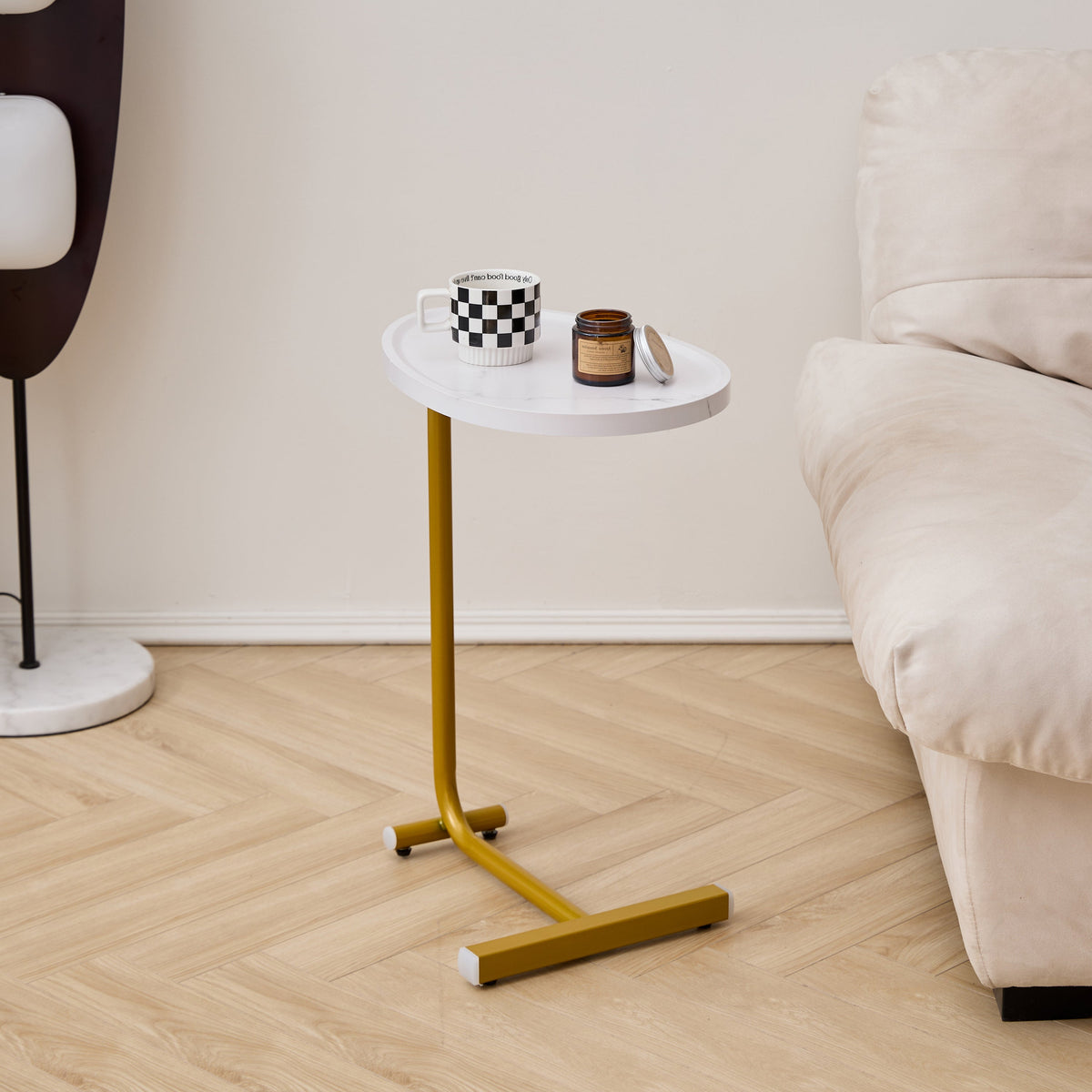 White C-shaped Side Table for Living Room & Bedroom