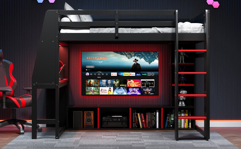 Wood Twin Size Gaming Loft Bed with Desk, Multi-storage Shelves, LED and a Hanging Clothes Rack