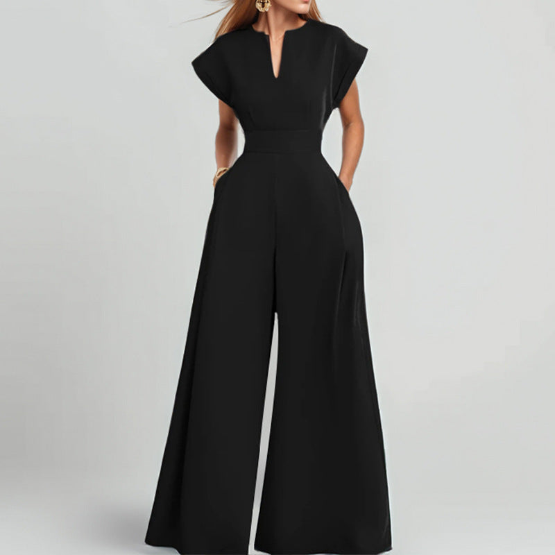 Summer New Style Cross-Border European And American Foreign Trade Women's Clothing Fashionable Commuter V-Neck Waist-Cinching Solid Color Wide-Leg Jumpsuit