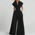 Summer New Style Cross-Border European And American Foreign Trade Women's Clothing Fashionable Commuter V-Neck Waist-Cinching Solid Color Wide-Leg Jumpsuit