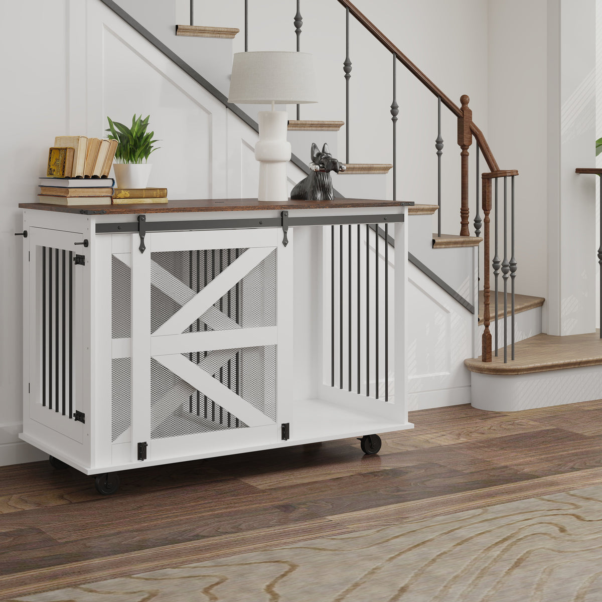 47.2" Mobile Dog Crate with Flip-Top Feeding Door