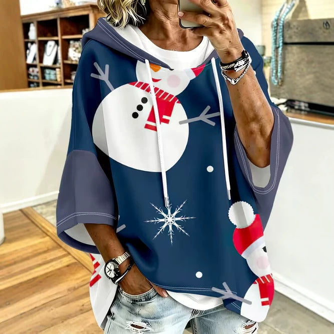 Womens Retro-Print Hoodie With Drawstring And Three-Quarter Sleeves