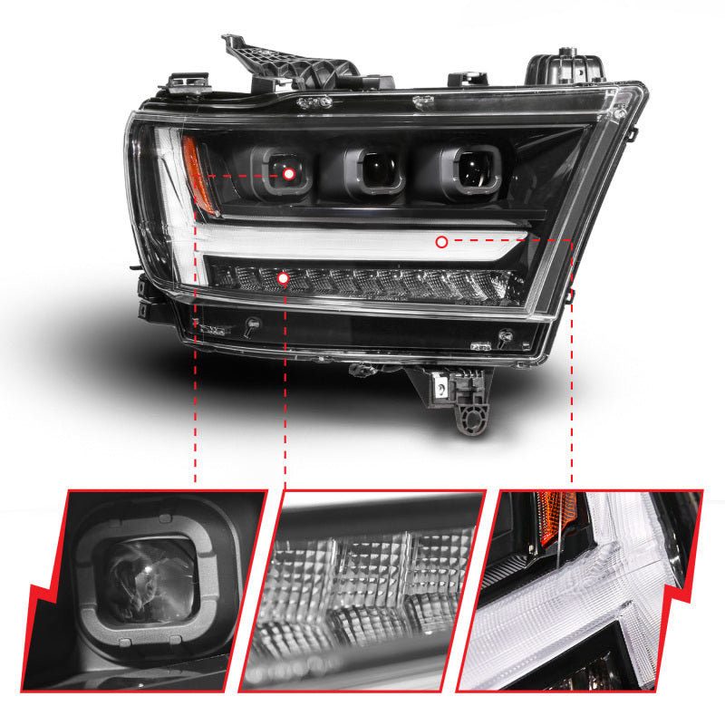ANZO 19-24 RAM 1500 (New Body/OE Halogen) Full LED Proj Headlights DRL/SeqSig Black - Pass. Side 111628A-R