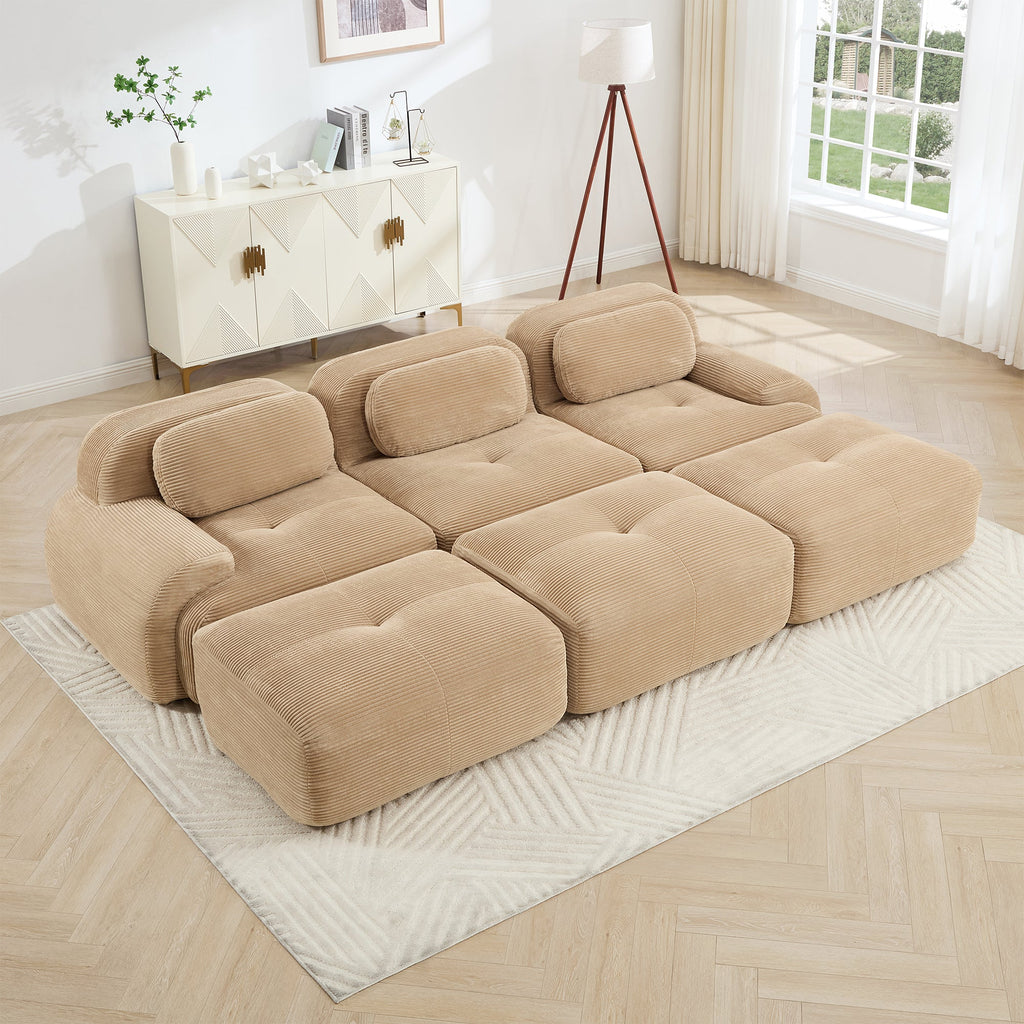 Three-Seat Modular Sofa with 3 Ottomans - Camel