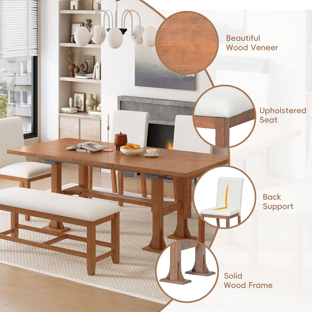 TOPMAX Farmhouse 76-Inch 6-Piece Extendable Dining Table Set