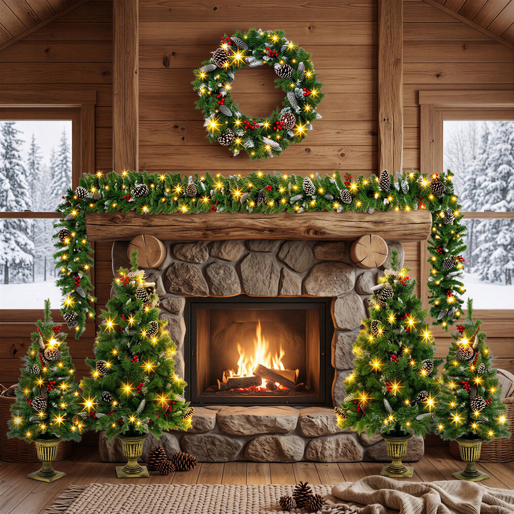 6-Piece Christmas Tree Set – 4 Trees, Wreath, and Garland