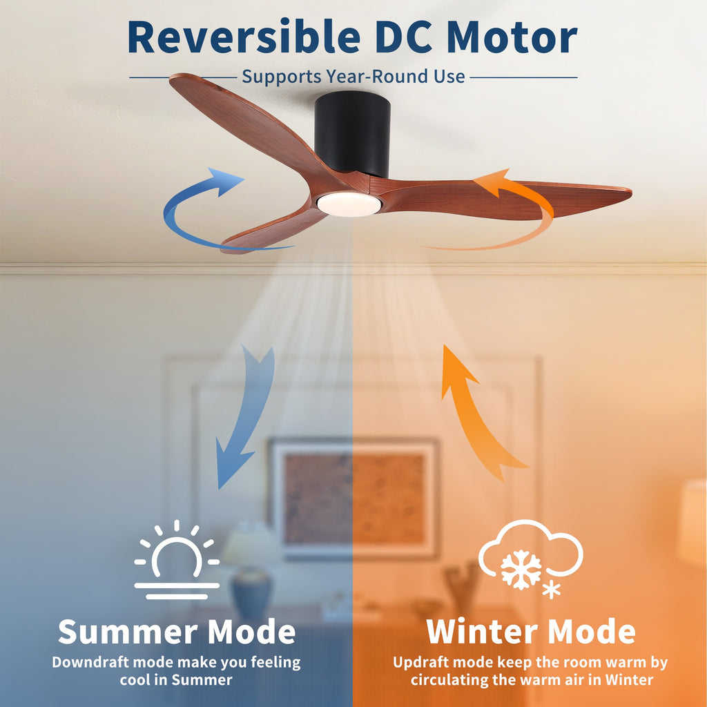 52" Modern Farmhouse Retro Solid Wood Low Profile Flush Mount Ceiling Fan