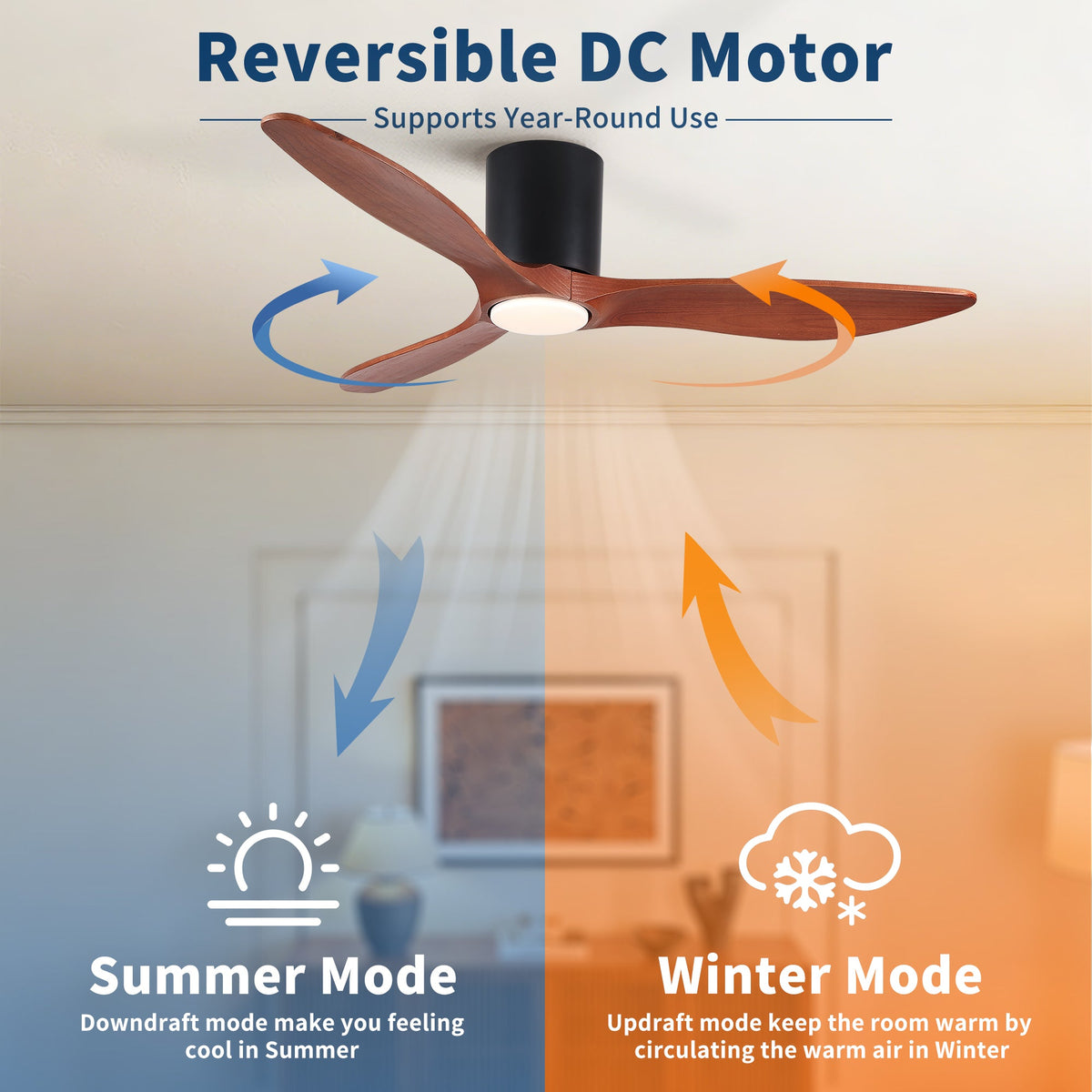 52" Modern Farmhouse Retro Solid Wood Low Profile Flush Mount Ceiling Fan