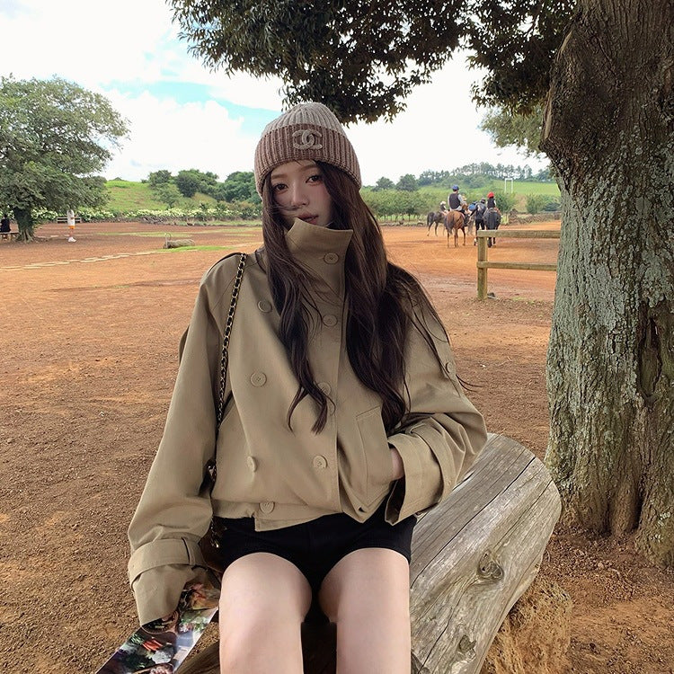 Double-breasted British-style Short Trench Coat With A Stand-up Collar For Women