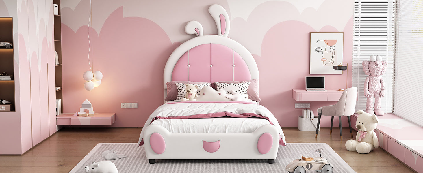 Twin Size Upholstered Platform Bed With Rabbit Shaped Headboard