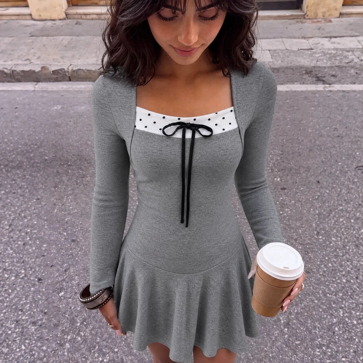 New Arrival Square-neck Long-sleeve Polka-dot Dress That Flatters