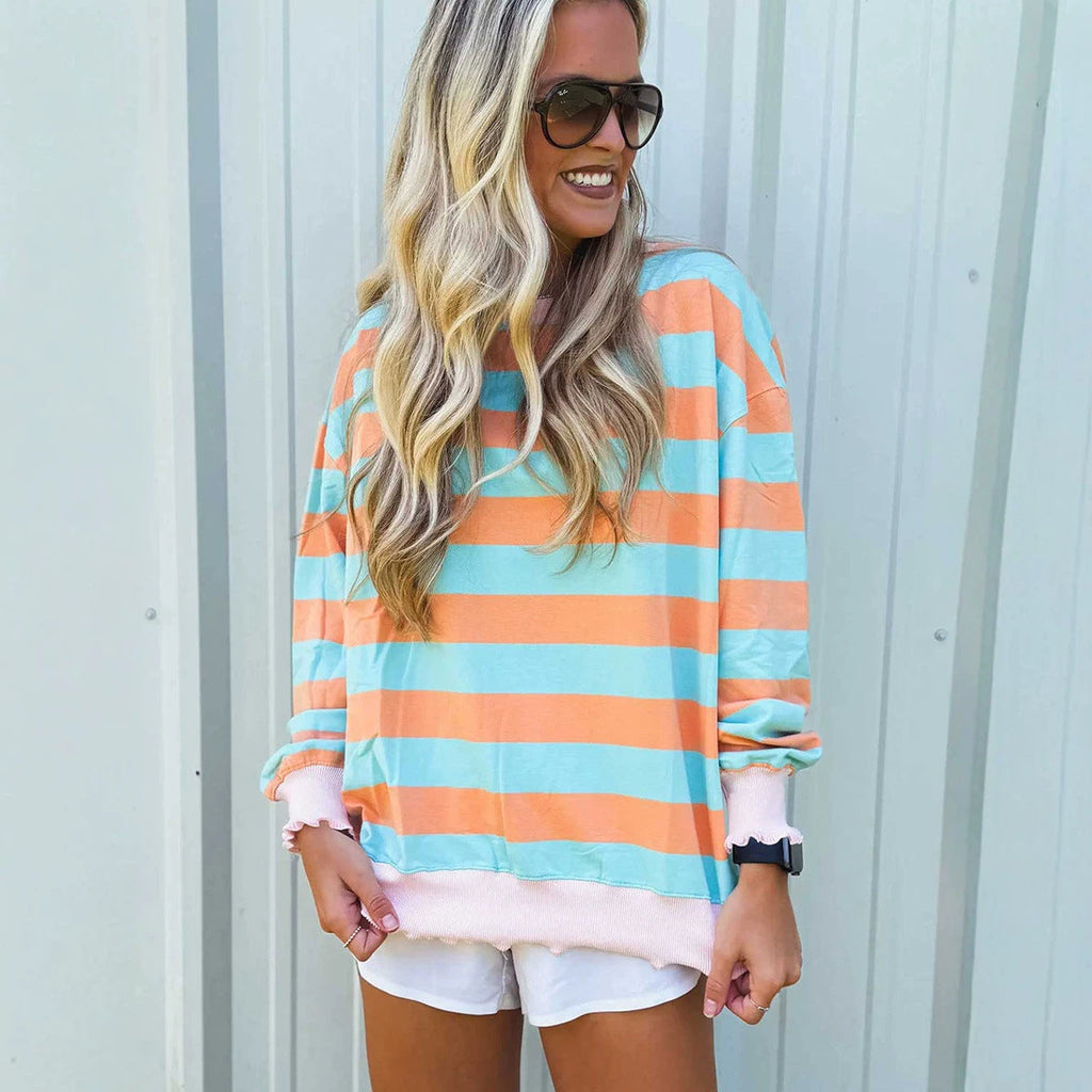 Pullover Crewneck Relaxed-fit Minimalist Striped Colorblock Sweatshirt