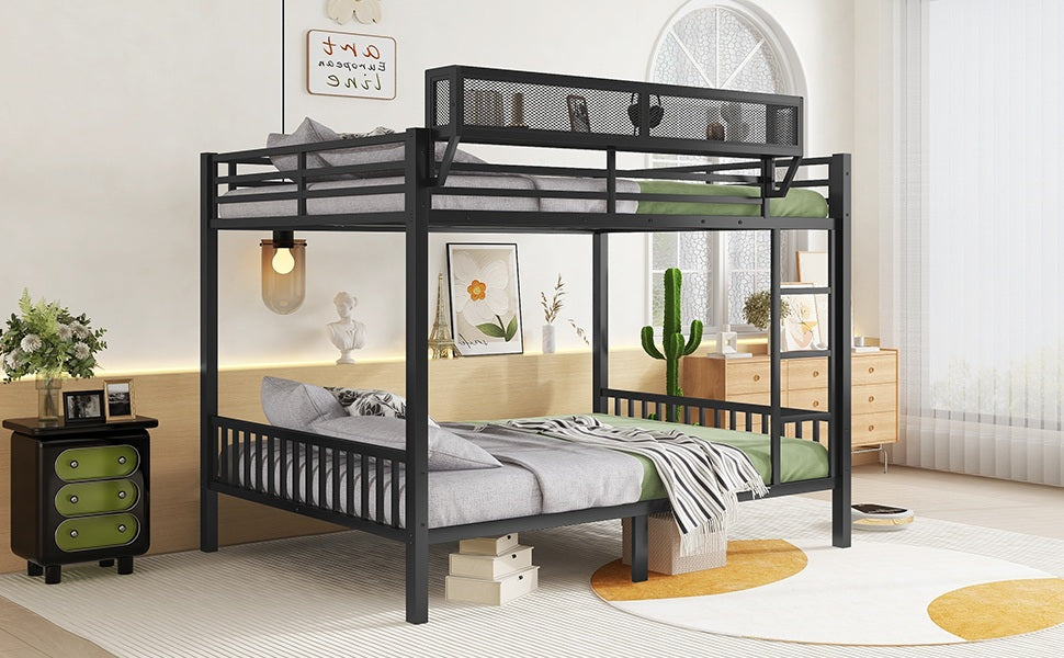 Queen Over Queen Metal Bunk Bed with Ladder and Storage Shelf