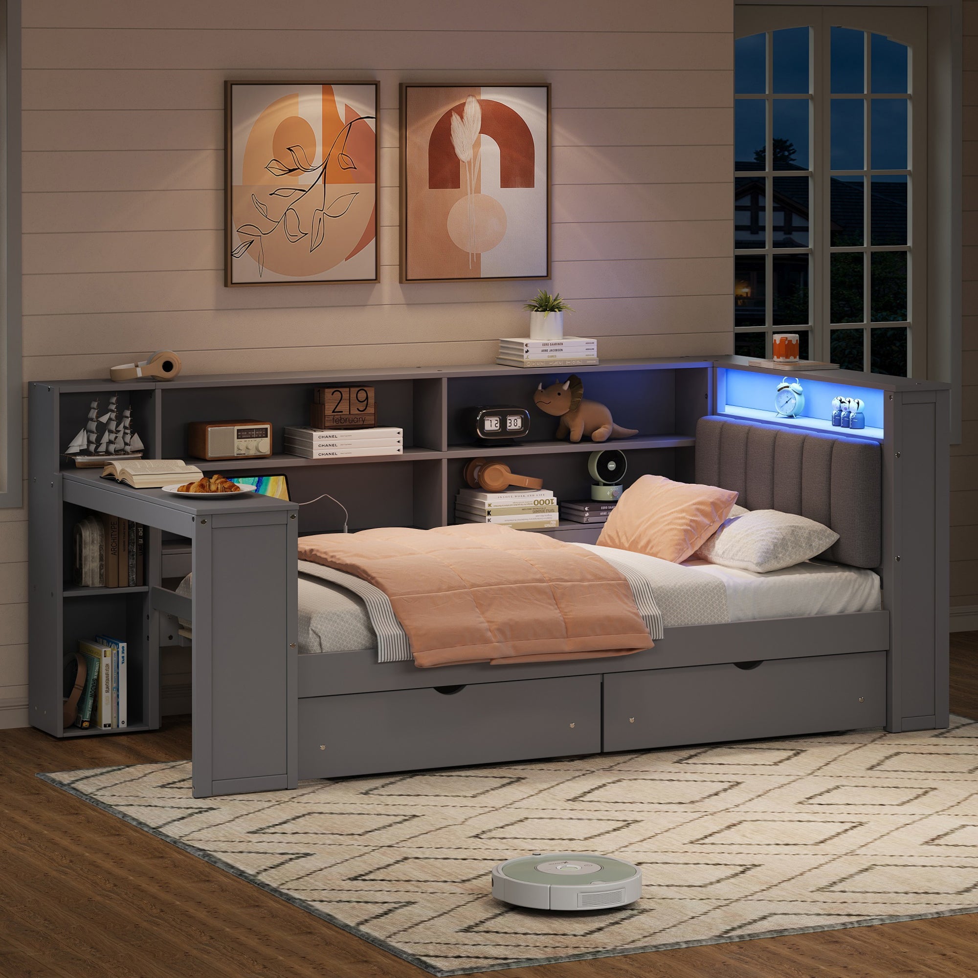 Wood Twin Size Platform Bed with Storage Shelves and Charging Station