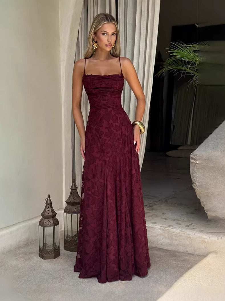 Cross-Border Amazon European And American Style Women's Evening Dress New Fashion Versatile Hot Girl Style Burgundy Sexy Suspender Dress