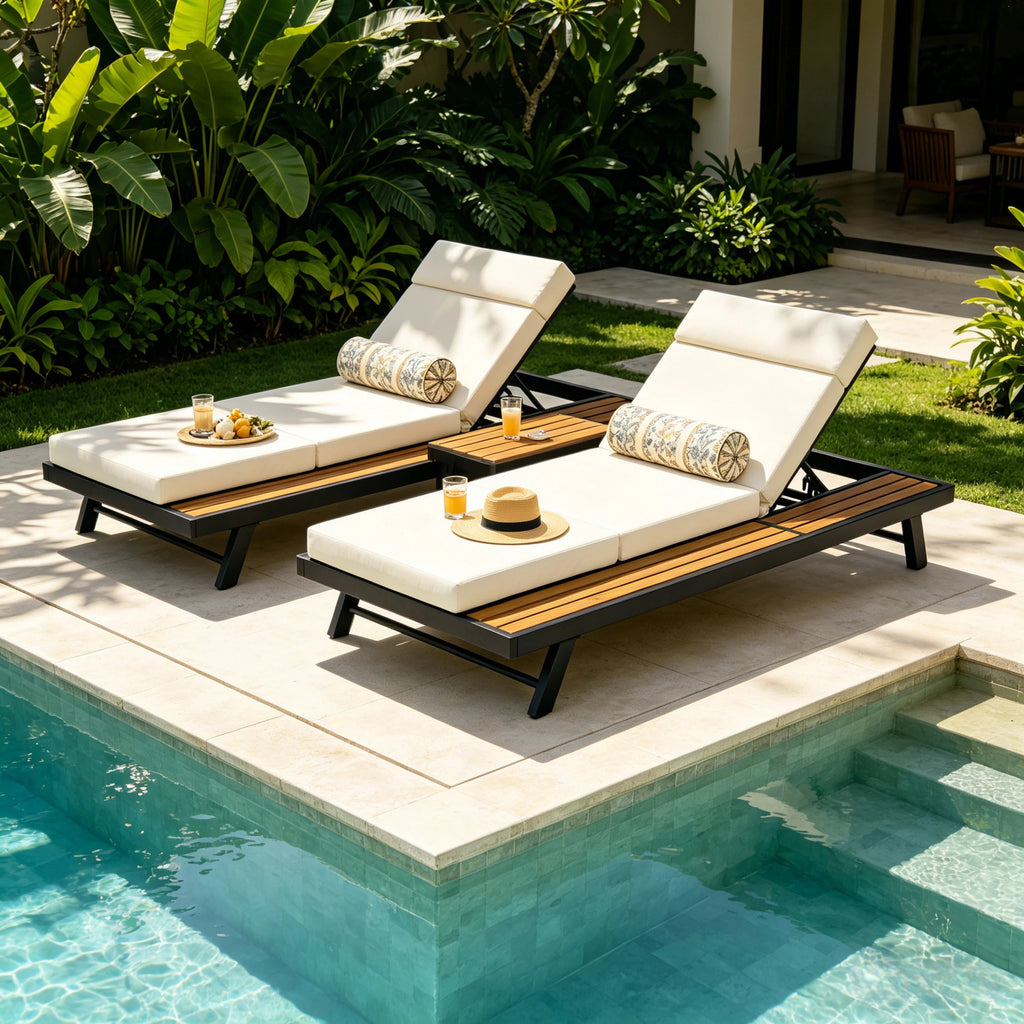 Black Iron + Teak Finish Outdoor Chaise Lounge Set