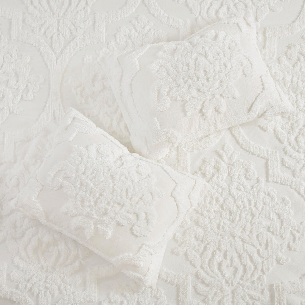 3 Piece Tufted Cotton Chenille Damask Comforter Set