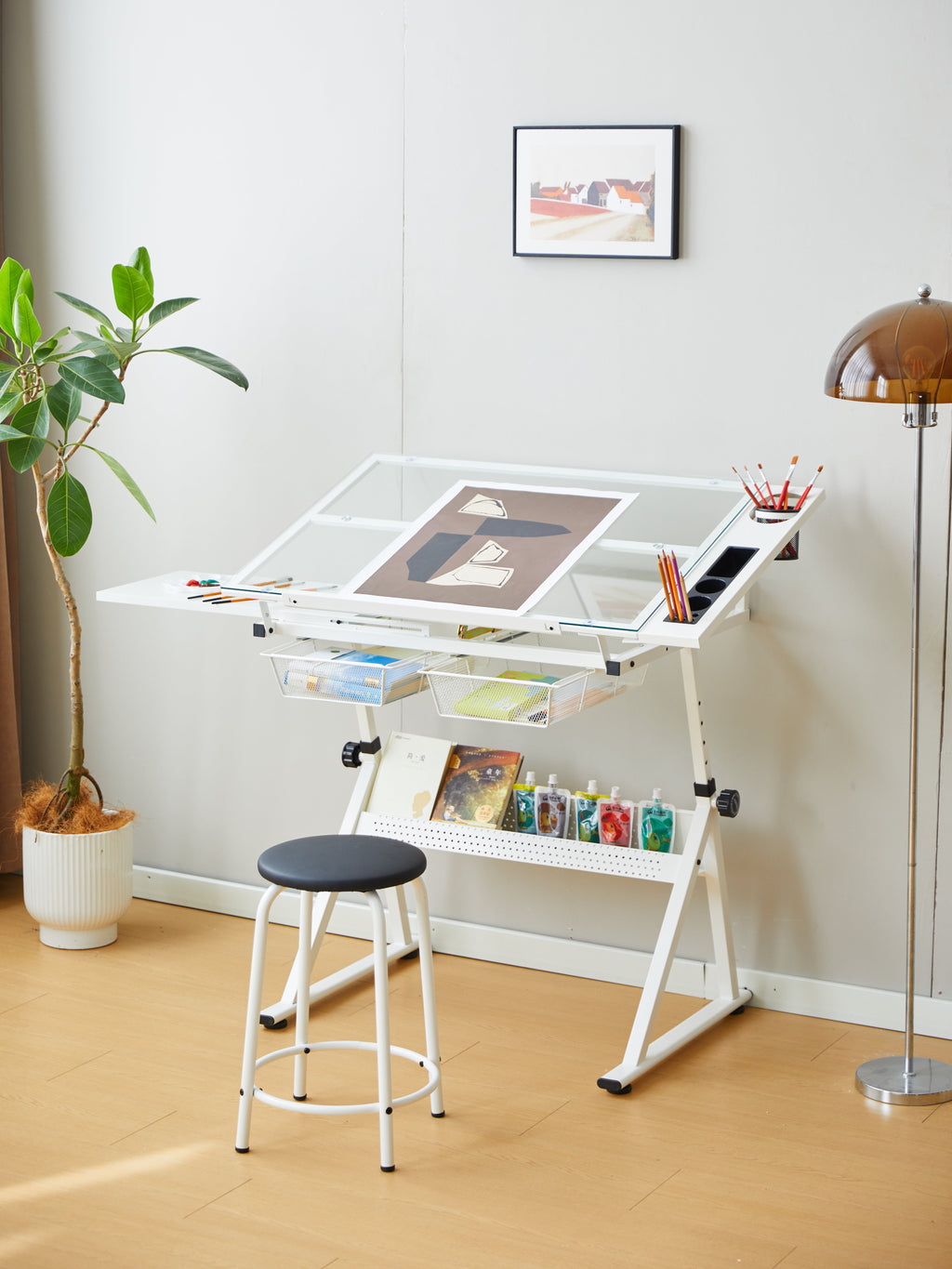 White Adjustable Tempered Glass Drafting Table with Chair