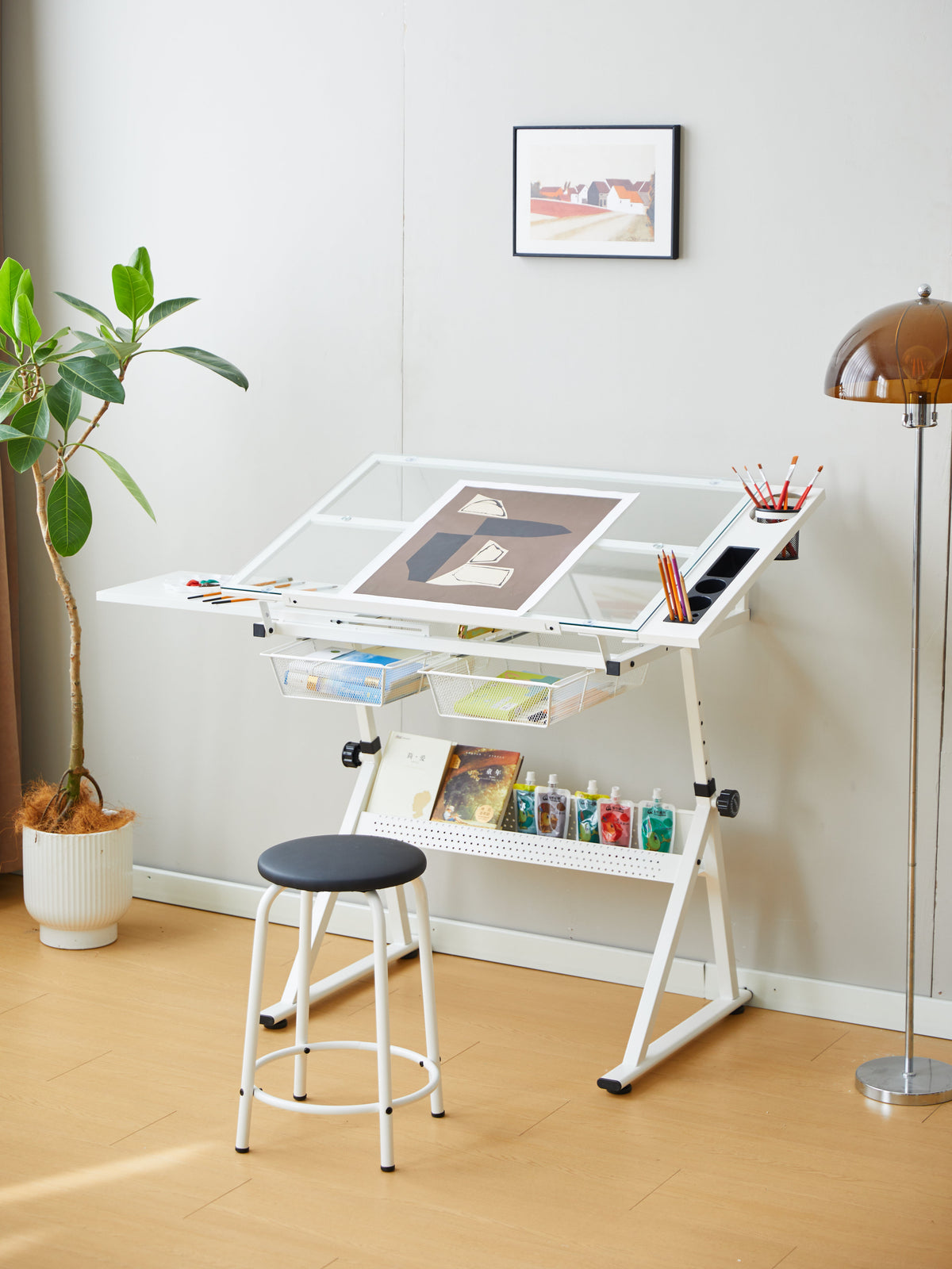 White Adjustable Tempered Glass Drafting Table with Chair
