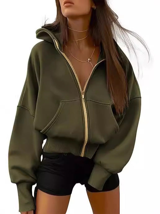 2026 Autumn Winter New Women's Fashion Zipper Hooded Long Sleeve Short Sportswear Casual Plush Hoodie