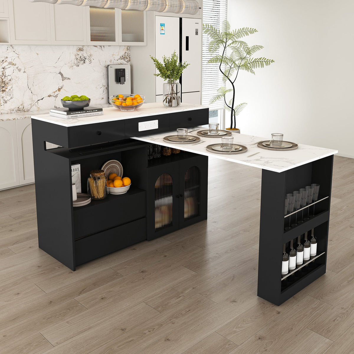 Kitchen Island with Extendable & Rotating Table