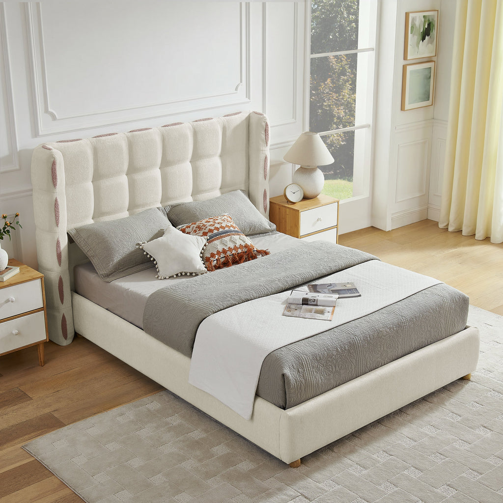 Queen Size Removable Chenille Wingback Upholstered Waffle Bed