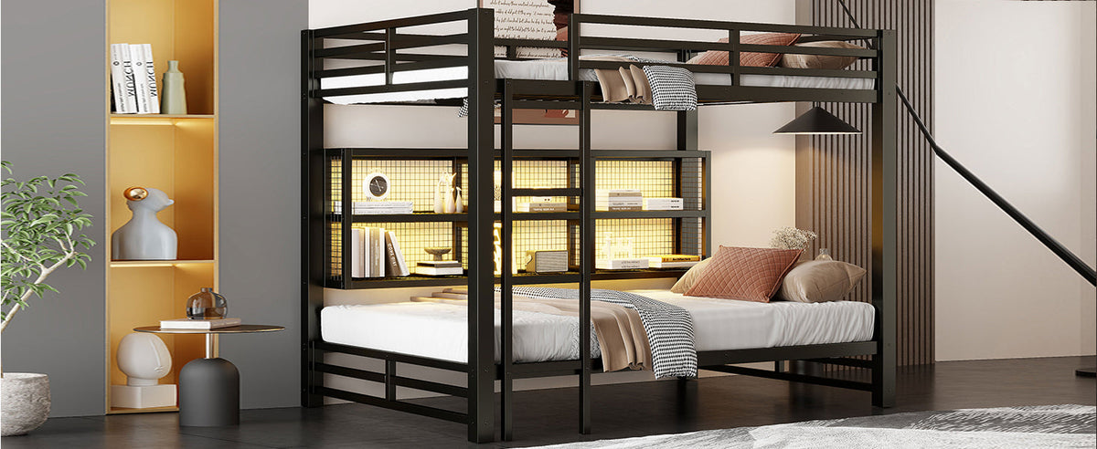 Metal Queen Over Queen Bunk Bed with Storage Cabinets and LED