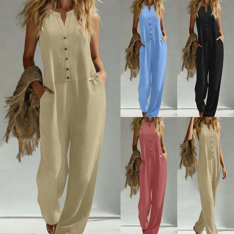EBay Amazon European And American Cross-border Spring-summer Solid Color Wide-leg Jumpsuit Casual Loose V-neck Buttoned Jumpsuit For Women