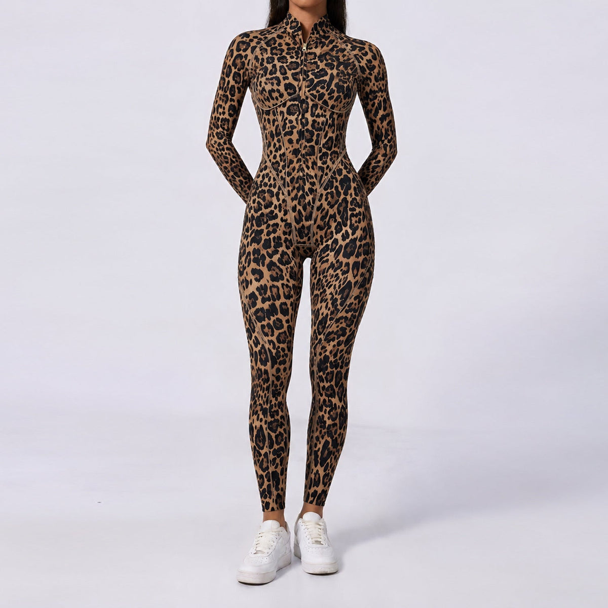 Trendy Leopard-Print Half-Zip Stand-Neck Long-Sleeve Womens Jumpsuit