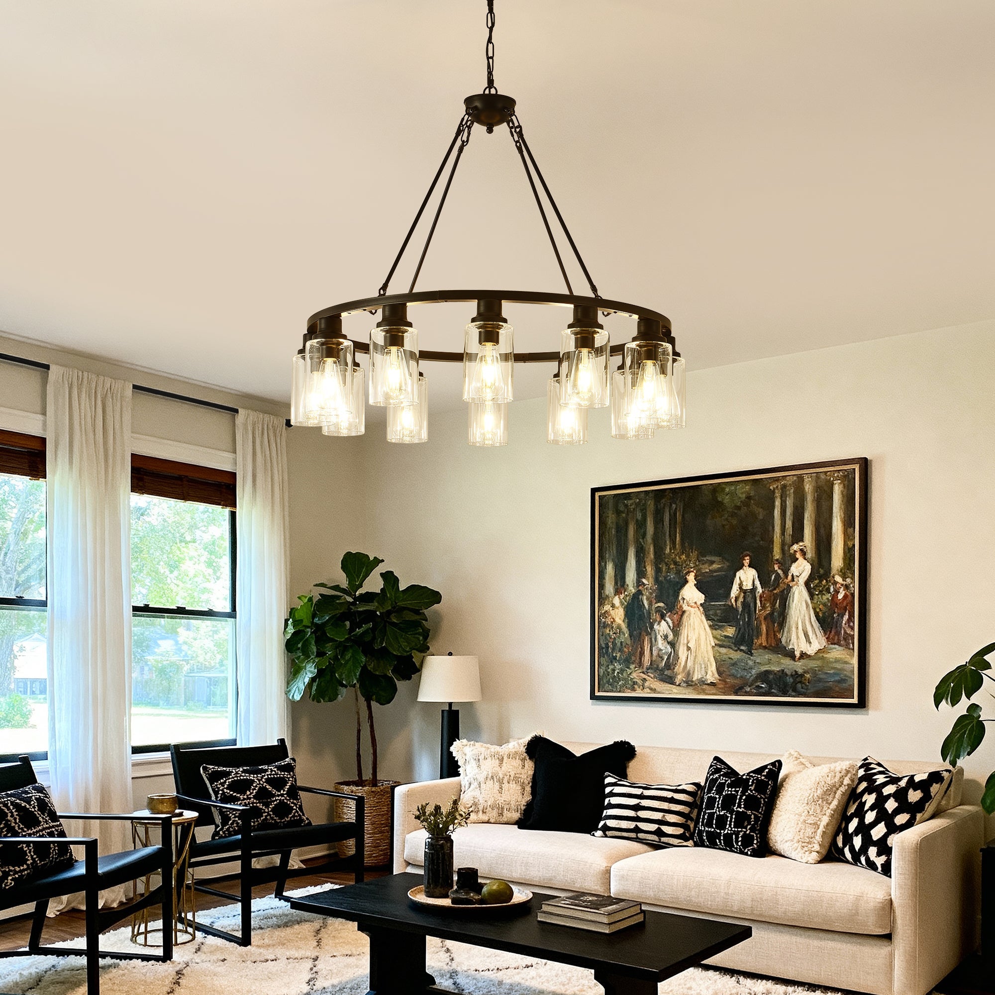 Black Wagon Wheel Chandelier - 34.5 Inch Modern Farmhouse
