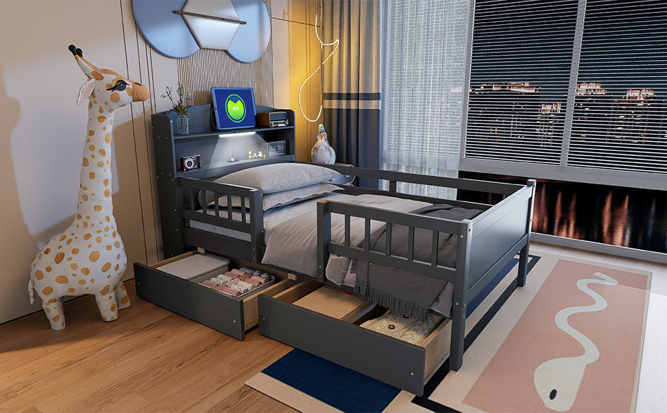 Wood Twin Size Platform Bed with Built-in LED Light