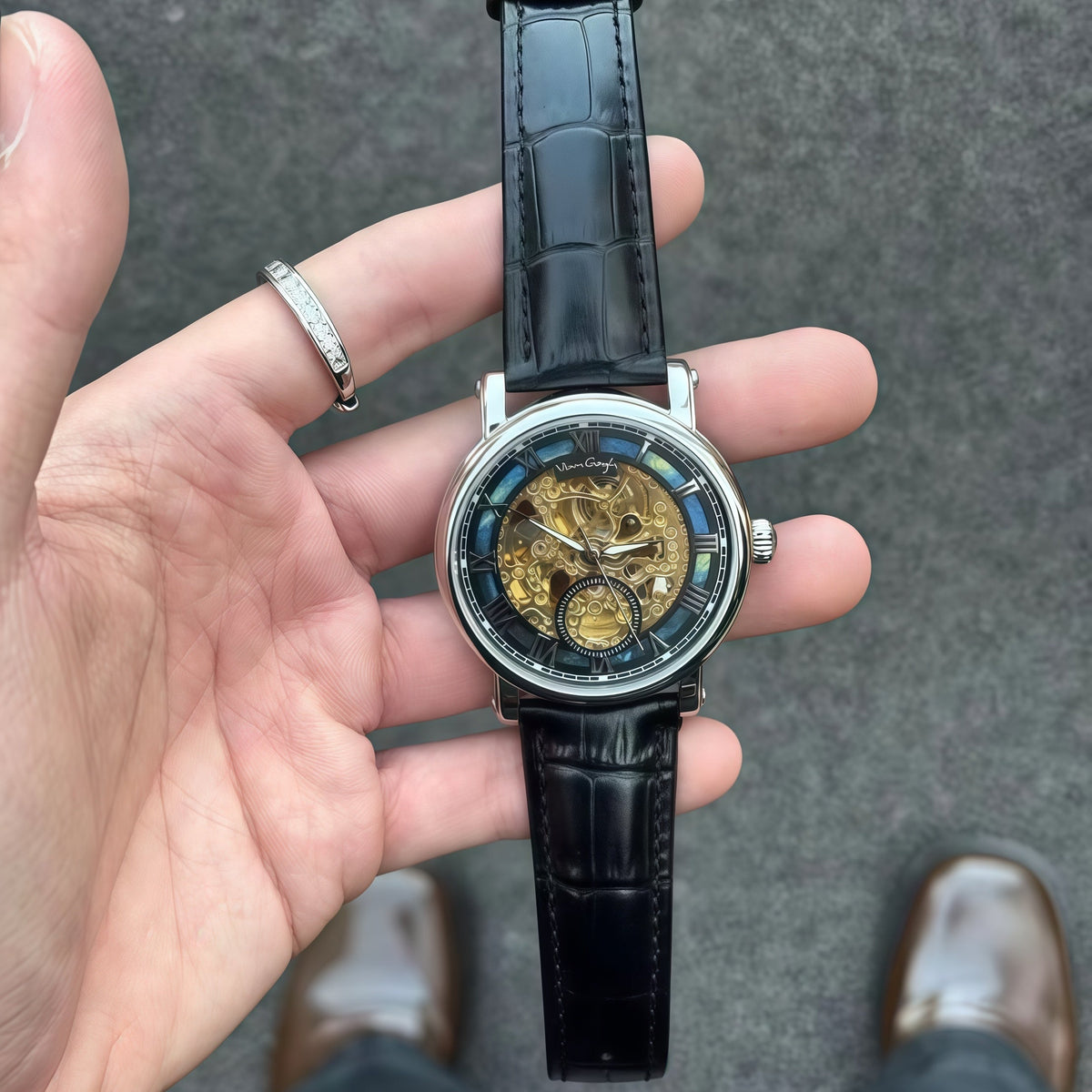 VAN GOGH Starry Night Series Blue Dial Skeleton Mechanical Movement Watch Daily Waterproof Starry Night