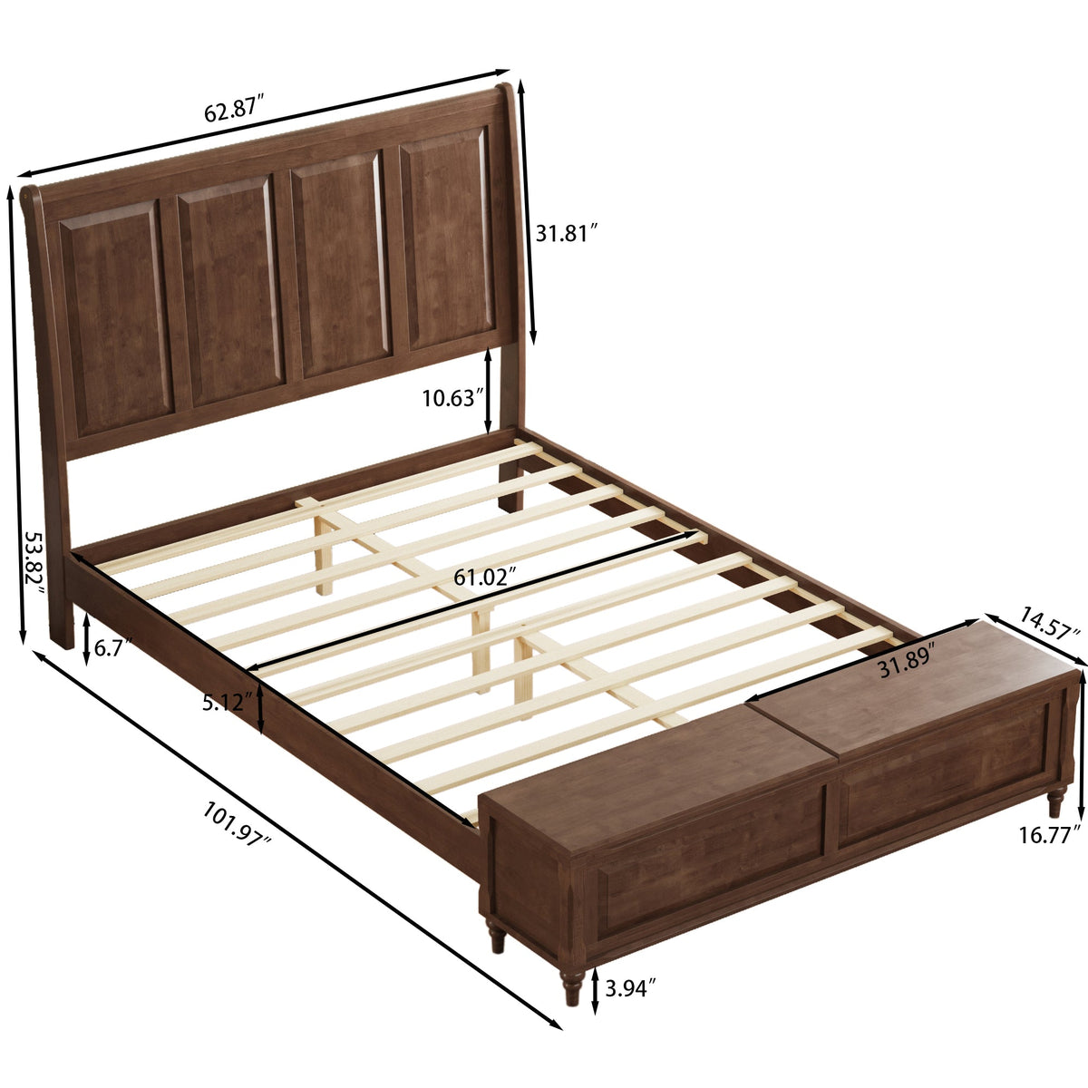 Queen Bed Frame with Tall Headboard and Storage Bench