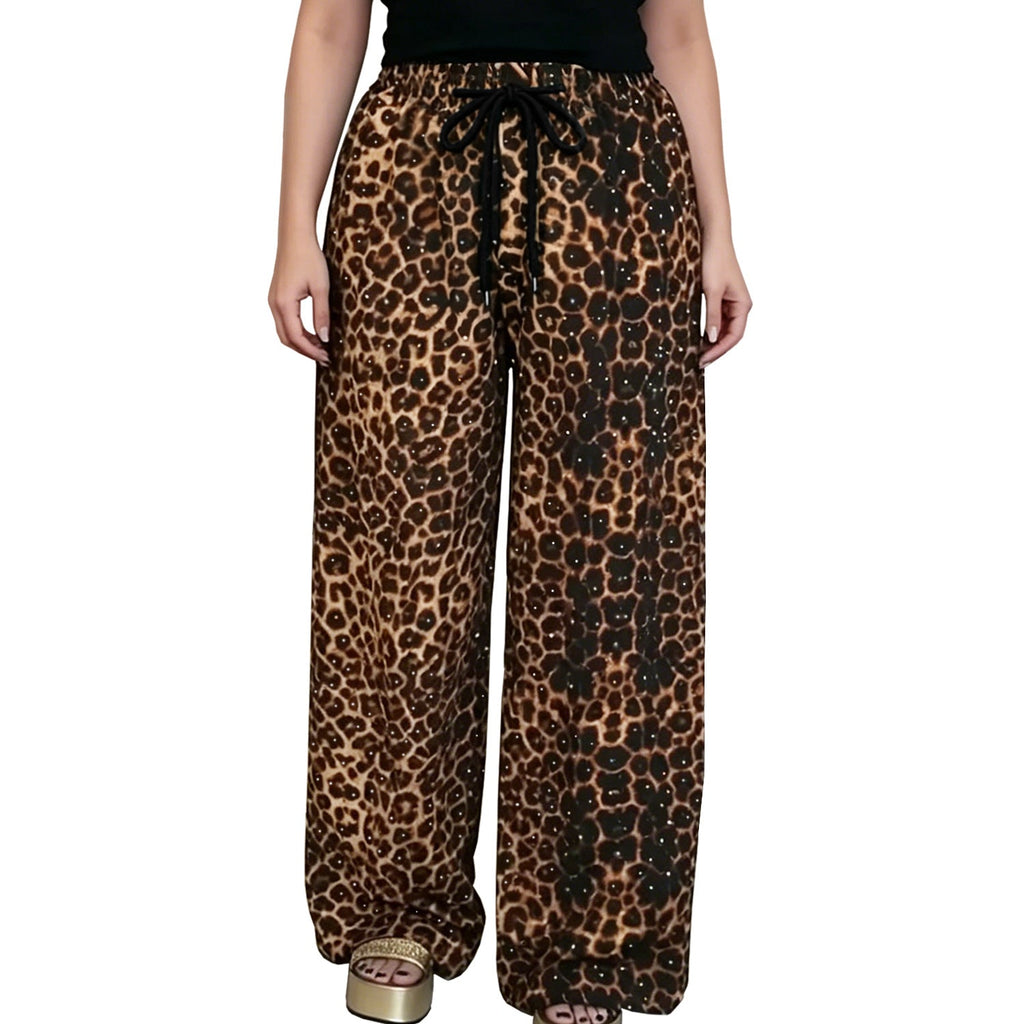 C7768 Cross-border 2026 New Women's Fashion Rhinestone Drawstring Loose Wide-Leg Pants Vintage Animal Print Casual Trousers