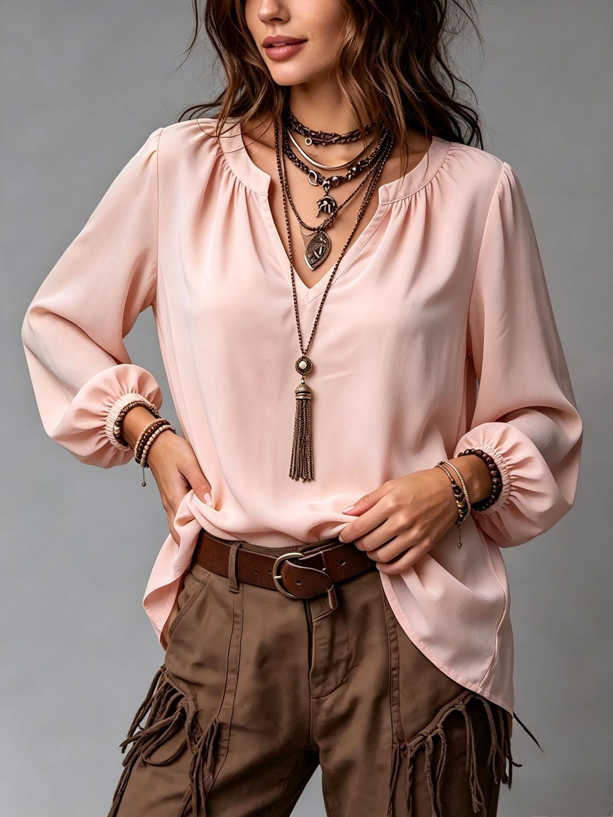 Elegant V-neck Shirt With Puff Sleeves For Women