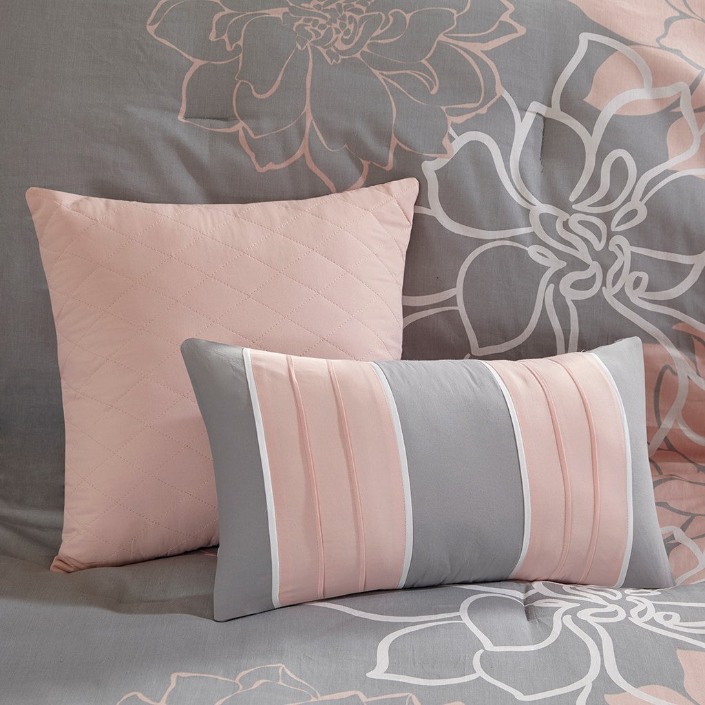 Printed Cotton Sateen Comforter Set - Grey/Peach King