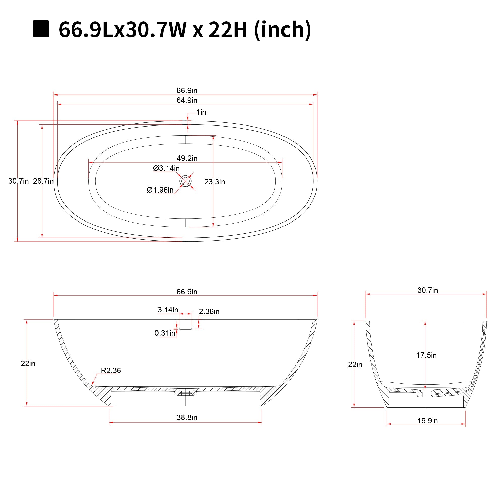 67'' Freestanding Bathtub Resin Stone Soaking Bathtub
