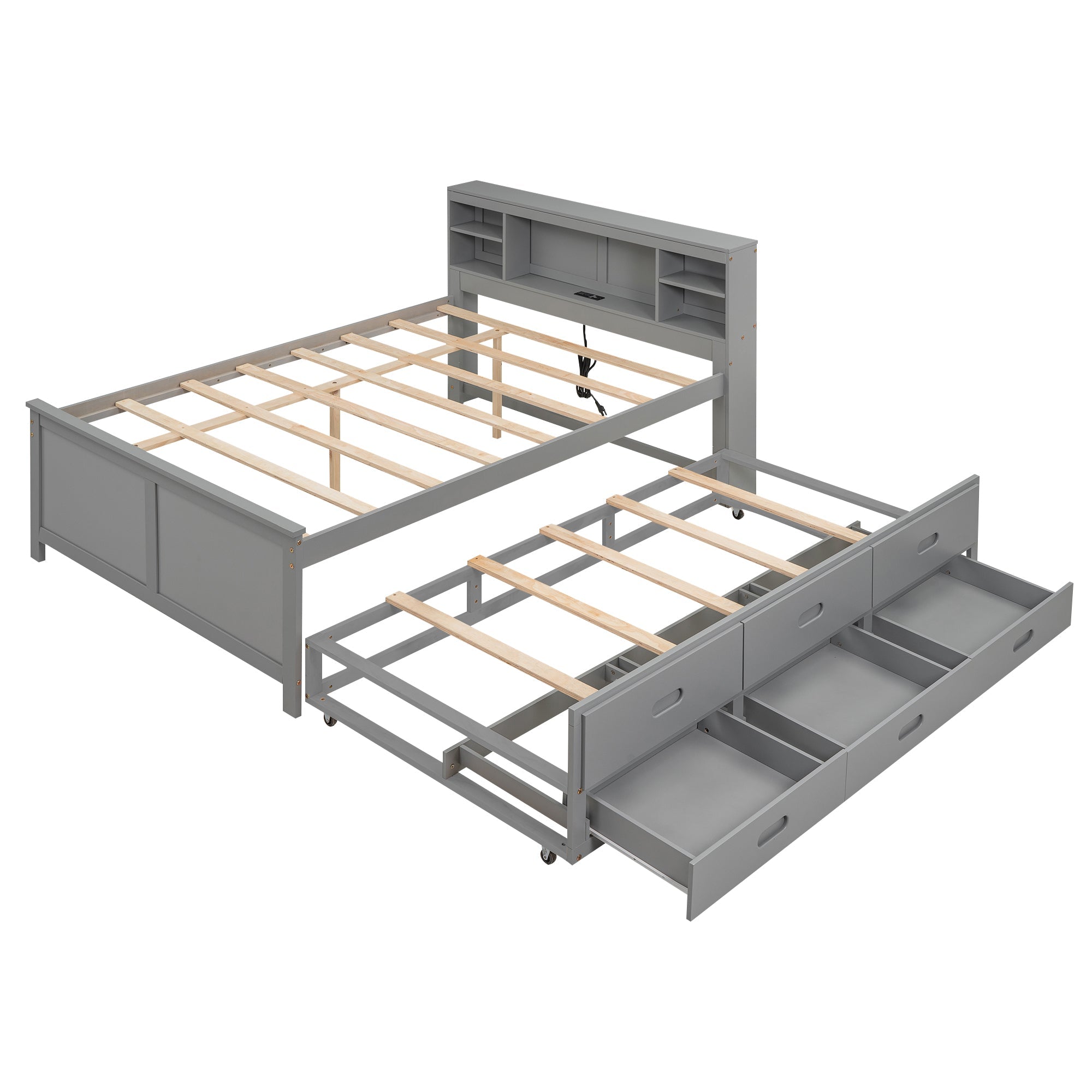 Full Size Platform Bed with Storage Headboard, USB, Twin Size Trundle and 3 Drawers