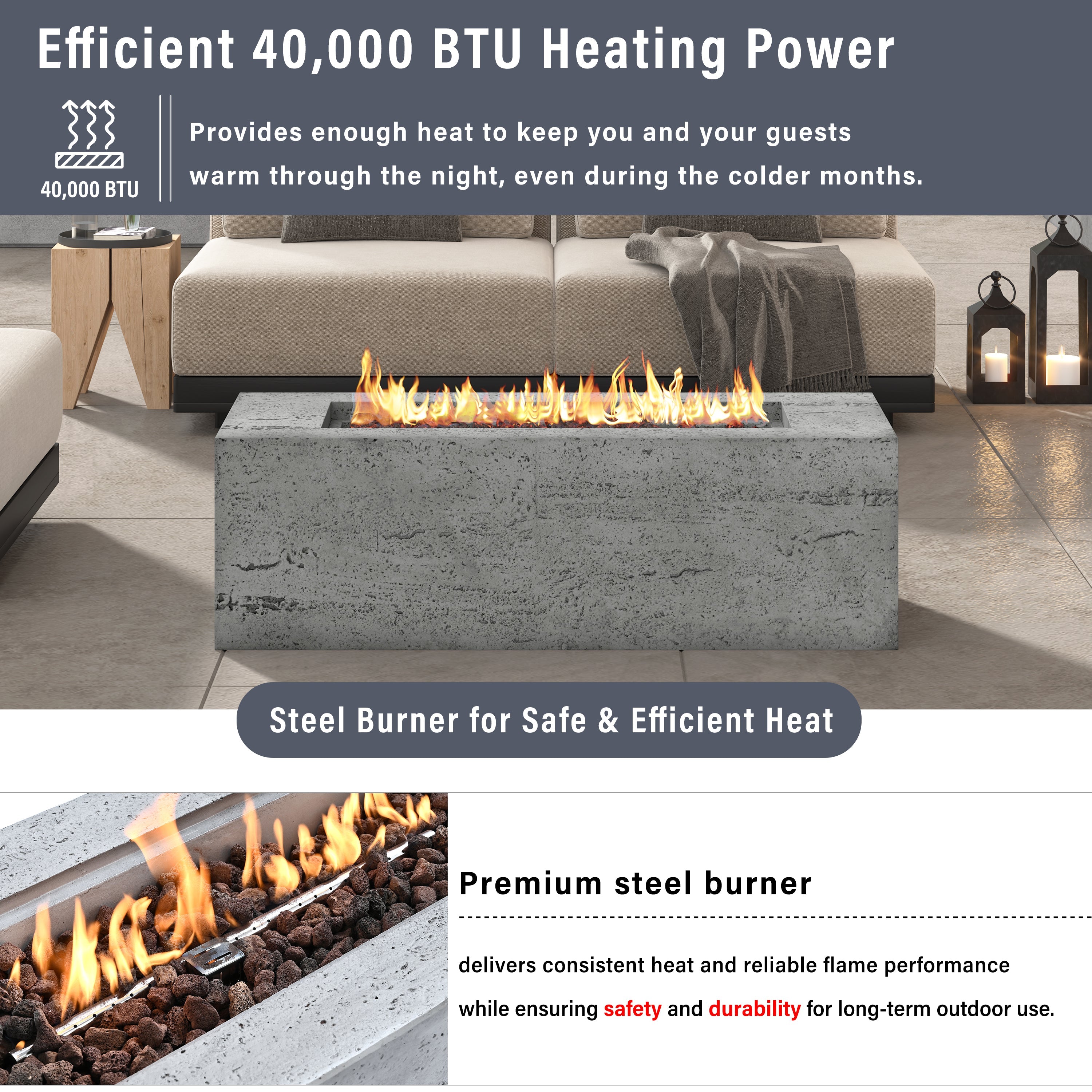 U_STYLE Outdoor Rectangular Propane Fire Pit 40000 BTU