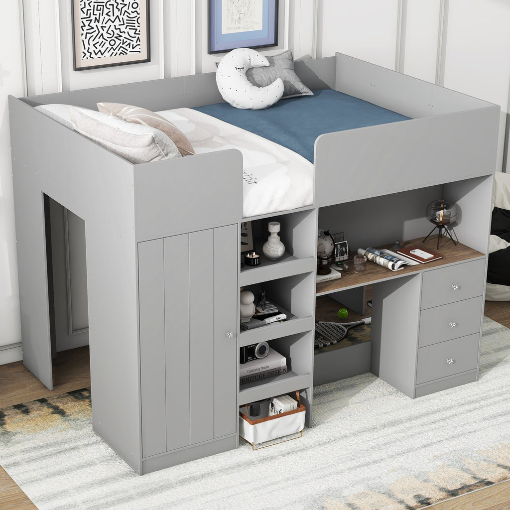 Wood Full Size Loft Bed with Built-in Wardrobe, Desk, Storage Shelves and Drawers