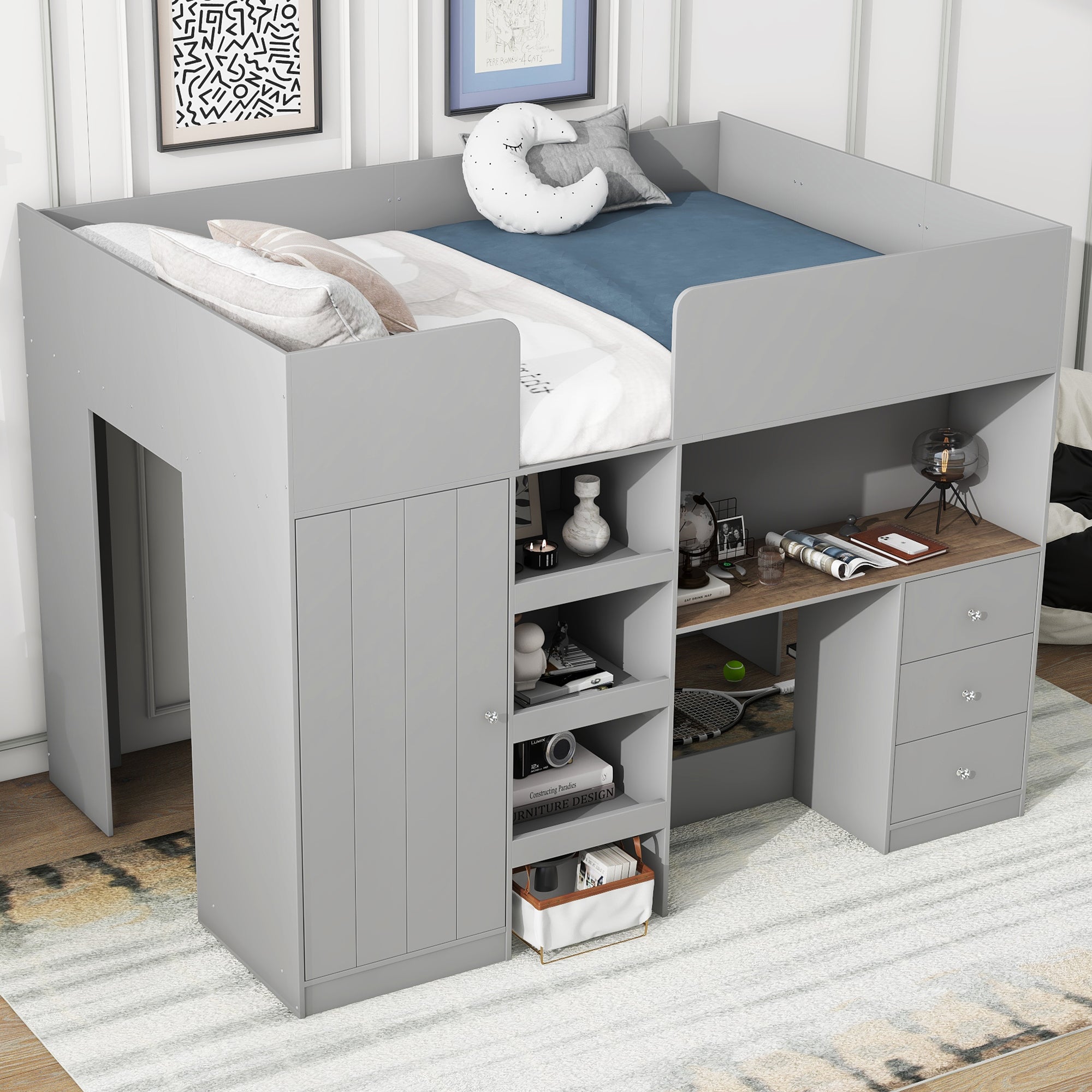 Wood Full Size Loft Bed with Built-in Wardrobe, Desk, Storage Shelves and Drawers