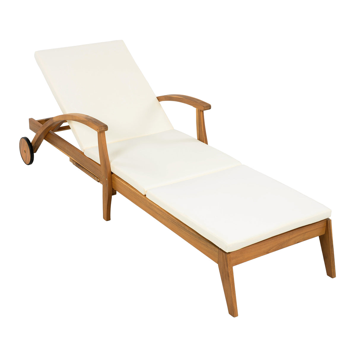 Chaise Lounge With Wheel - Acacia Wood Recliner for Patio